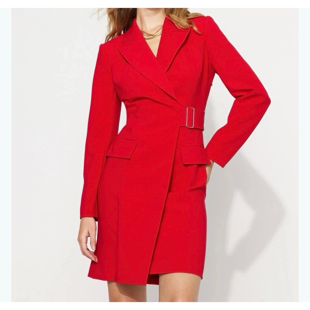 White House Black Market Red Ruby Belted Blazer Dress Long Sleeve Pocket Lined 8